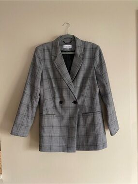 Calvin Klein Black and Gray Plaid Double-Breasted Blazer